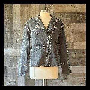 NWT! Cezele asymmetrical motorcycle jean jacket large faded black denim biker